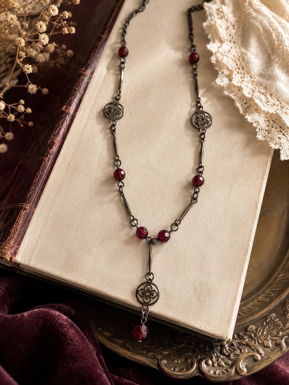 Victorian Style Red Bead Y Necklace Silver Tone Openwork Rosette Station Drop